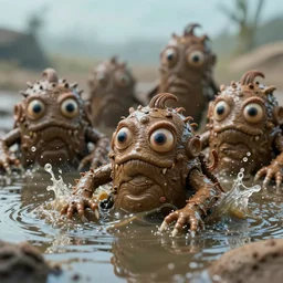 intricate mud monsters with big eyes splash in the water, in the style of craola, macro lens, shallow depth of field, highly detailed, digital painting, trending artstation, concept art, illustration, cinematic lighting, vibrant colors, photorealism, epic, octane render