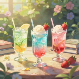 colored cold drinks, ice cream, strawberry embellishment, books and flowers, trending on studio ghibli, dreamy, soft, global illumination, radiant light, intricate environment, luminescence, highly detailed, 8 k