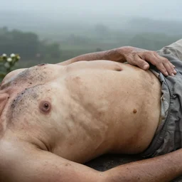 a photograph  from a high view point of a world made of greasy skin, folds of belly flab, skin, veins, bruises, scabs, warts, acne, highly detailed,  wide angle lens, depth of field, distance fog, even lighting, hdri