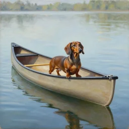 a long brown dachshund looking out of a long canoe, detailed painting, weiner dog, oil on canvas, adorable, reflective water, wide angle shot, very detailed