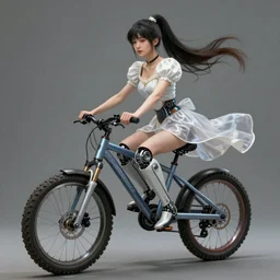An epic fantastic realism comic book style portrait painting of a beautiful girl on a weird bicycle with robot legs,  princess, robotics,   long ponytail hair, asian girl, cyberpunk, Concept world Art,  unreal 5, DAZ, hyperrealistic, octane render, cosplay, RPG portrait, dynamic lighting