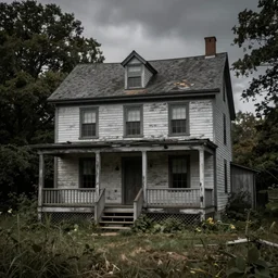 ultra realistic color photo of a run - down three storey colonial home with two decks on the second floor of the house in the overgrown new england countryside in 1 9 2 5, highly detailed, dark, atmospheric, brooding