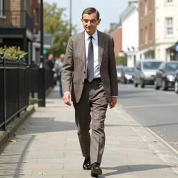 mr. bean walks down a street on a sunny day by robert bateman