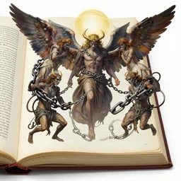book of enoch, angels capture demons with huge chains and send them to hell, by greg rutkowski and oi and mucha and bierstadt, trending on artstation
