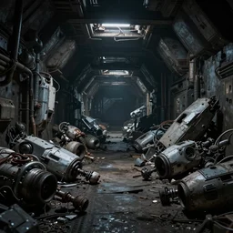 vast dimly lit dark tunnel piles of broken spaceships broken robots and abandoned machines photorealism
