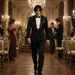 A Dark Souls character arriving at a fancy party, ornate ballroom, tuxedo