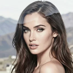 double - exposure tattoo sketch of megan fox face beautiful mountains, mash up, blending, in the style of dan mountford