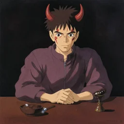 by hayao miyazaki, ink, still - life, airbrush, matt damon is the devil