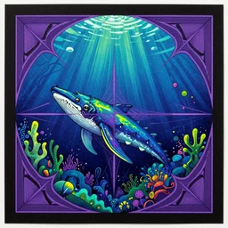 Neon purple, blue, green, yellow leviathan in the ocean:: deep sea ocean depths:: cardstock:: detailed linework symmetrical, geometrical shapes, black paper, ornate, symmetrical mirror imagine, tarot card, tarot card border:: ink illustration:: style of peter mohrbacher and Yoshitaka Amano, art nouveau, Joshua Middleton