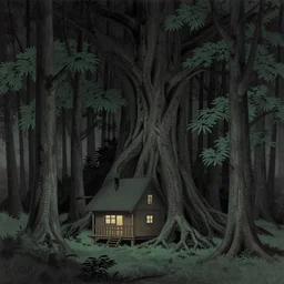 giant forest with single shady cabin, made by Kawase Hasui in unkiyo-e style in dark and disturbing atmosphere with vibes of Joe Fenton, H. R. Giger, M. C. Escher, Z. Beksinski