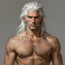 painted portrait of rugged sephirot, white hair, masculine, mature, handsome, upper body, muscular, hairy torso, fantasy, intricate, elegant, highly detailed, digital painting, artstation, concept art, smooth, sharp focus, illustration, art by gaston bussiere and craig mullins