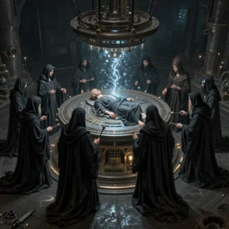 a dark cabal of hooded mystics in long robes gathered in a circular formation around a highly advanced machine processing the spirit of a dying man, dan seagrave art, michael whelan