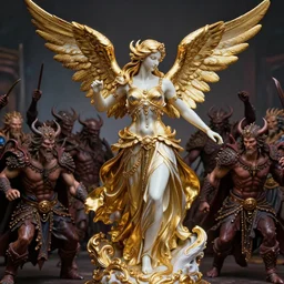 high intricate porcelain baroque angelic warrior woman stunning body fighting the army of the demon lord, 8 k, hyperrealistic hyperdetailed gold and neon maria panfilova, andrea savchenko, mike kime, ludovic plouffe, qi sheng luo, oliver cook, trending on artstation