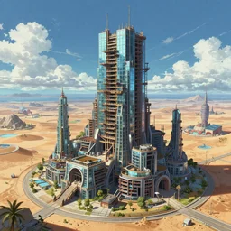 a beautiful ultradetailed render of bastion unfinished building city building industrial architecture architecture by lee madgwick, san andreas anime cosmic apocalyptic azeroth studio ghibli synthwave desert retro sea fisheye atlantis made of glass tron, archdaily, wallpaper, highly detailed, trending on artstation.