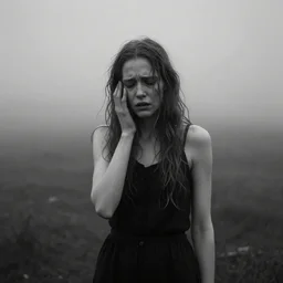 still from a homemade video of some despair as lars von trier would depict it, she is 2 3, skinny and beautiful and listens to oathbreaker, photo, black and white, the background is unsafe, insanely detailed, foggy like in norwegian black metal aesthetic