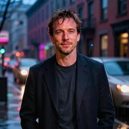 night flash portrait photography of paul dano on the lower east side by annie leibovitz, raining!!! nighttime!!, colorful!!,