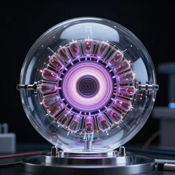 8k ultra fine line photorealistic 64 bit energized 12 channel toroidal mechanism surrounding a 12 channel 128 bit energized ion trapping microwave nucleation chamber inside a clear glass sphere emitting x-rays