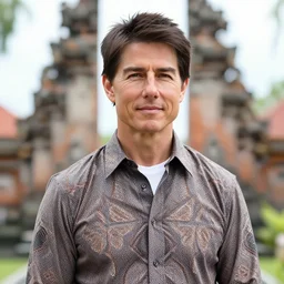 a photo of tom cruise wearing batik bali when holiday in bali. blurred temple background. front view. sigma 8 5 mm lens f / 1. 4