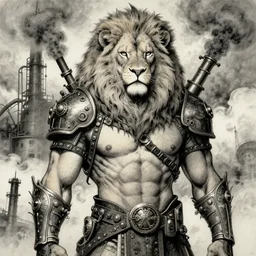 aesthetic portrait commission of a albino muscular and attractive anthro lion as a greek steampunk god overlord with mane fur turning into industrial revolution smoke in the British clouds, fantasy art, hyperdetailed. Character design by charlie bowater, ross tran, artgerm, and makoto shinkai, detailed, inked, western comic book art, 2021 award winning painting