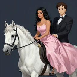 Kim Kardashian in a gothic pink dress riding on a white horse, extra detailed, digital illustration, by Makoto Shinkai and thomas kinkade, digital painting, Matte painting, trending on artstation and unreal engine
