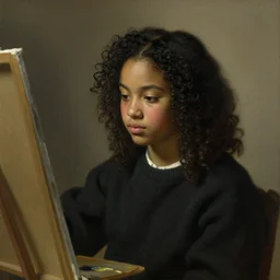 a shy dark skinned brazilian girl blushing, black curly hair, wearing a dark sweater, painting by gustave courbet