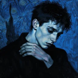 2 d artistic picture of a young man with empty eyes and looking almost dead with sharp facial features and black hair looking sadly down on his hand, rear facing, only black and blue high contrast colour spectrum, melancholic, allegorical style, by peter mohrbacher, jeremy mann, francoise nielly, van gogh, ross tran, dark style