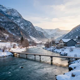 DSLR still of a beautiful mountainside river with a pier and a modern home at sunrise in winter, 4k