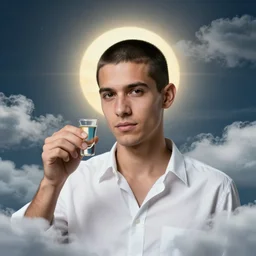 portrait of a ( ( ( una tequila shot ) ) ), ( ( bellaco guapo joven cubano pelo buzzed camisa blanca ) ), nubes y magia, el sol, concept character, by greg rutowski and mucha and alvarez and bierstadt and remington, trending on artstation