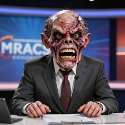 a mad deformed melt-faced mainstream show presenter revealing his true monster visage, ultra-realistic, psycho weird horror art, 16K 3D, crying engine