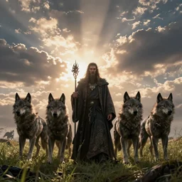 the wizard standing among his demonic wolves, cinematic view, epic sky, detailed, concept art, low angle, high detail, warm lighting, volumetric, godrays, vivid, beautiful, trending on artstation, by jordan grimmer, huge scene, grass, art greg rutkowski