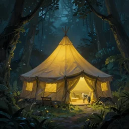 a fantasy painting of a huge tent in the middle of a mystical jungle, yellow light coming through the tent, night time, wolves in the background, fantasy, eerie, digital painting, matte, smooth, trending