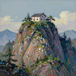 a photo of a mountain with a house on top of it, a detailed matte painting by yang buzhi, trending on artstation, action painting, artstation hq, detailed painting, glitch art
