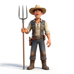 battle-worn farmer with pitchfork, stylized pixar-style 3d render, full body, standing, isolated on a pure white background, centered, whole figure in frame, sharp focus, studio lighting