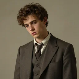 portrait painting of a young man of 2 7, wearing a plain suit, reporterwith curly brown hair, was tired handsome unreal render cinematic lighting art 1 9 2 0 period drama by bussiere rutkowski andreas rocha
