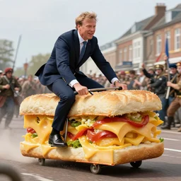 mark rutte riding a cheese sandwich into battle