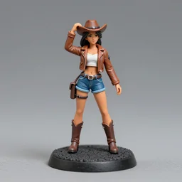 80mm resin detailed miniature of a cow girl, Short brown leather jacket, denim hot-pants, ten-gallon hat, on the textured base; Product Introduction Photos, 4K, Full body