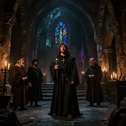 jesse eisenberg as an enigmatic medieval christian ( ( monk ) ) in a dark underground city. dark shadows, colorful, candle light, law contrasts, ( ( chiaroscuro lighting ) ) ) fantasy concept art by jakub rozalski, jan matejko, and j. dickenson
