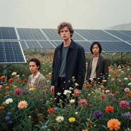 portrait of field solar panels flowers growing between them, colorful, modern art deco, mads berg, christopher balaskas, victo ngai, low fog, fine texture, detailed, muted colors, dramatic lighting, dynamic composition, film noir, matte print, wide angle, moody, stippled, very grainy photo texture