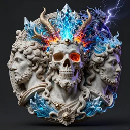 3 d ornate carved zeus with profile portrait, sigma 5 0 0 mm f / 5. beautiful intricate highly detailed quetzalcoatl skull. bioluminescent, plasma, lava, ice, water, wind, creature, thunderstorm! artwork by tooth wu and wlop and beeple and greg rutkowski, 8 k trending on artstation
