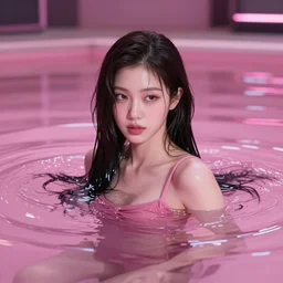 lee jin - eun emerging from pink water in cyberpunk theme by android james, rule of thirds, seductive look, beautiful
