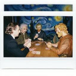 Matteo Salvini, Einstein, Van gogh and Giulius Caesar playing cards. Same table. Group photo. White borders. Polaroid