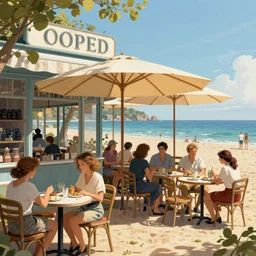 detailed ultra - realistic graphic novel illustration opened seashore cafe, french noon, 1 9 century, by famous digital artists, cinematic, full shot, hi fantasy art, colorfull by greg rutkowski
