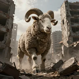 giant beast with a sheep head and a stuff, walking between destroyed city buildings