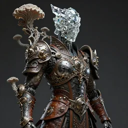 asura from chinese myth, ghost, luxurious armor mixed with leather and metal, dystopian, cyberpunk, organic fractal mycelum and fungi, mecha, halfturn portrait of a big crystal face made of crystals half - turn, ominous, intricate, studio, art by anthony macbain + greg rutkowski + alphonse mucha, concept art, 4 k, sharp focus