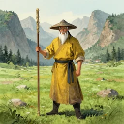 a chinese battle monk, wearing a faded dark yellow toga, gray straw hat, holding a long wooden staff that is perpendicular to the floor, long white beard, beautiful valley with a meadow and dozens of mountains, lots of shading, full body shot, drawn in the style of ken kelly