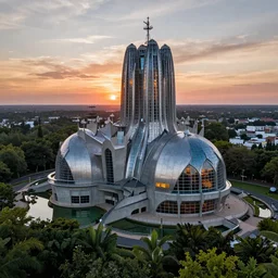 a stunningly detailed cathedral designed by Le Corbusier, surrounded by lush green forest, ponds of water, stunning volumetric lighting, sunset, metal, concrete, glass, stunning skies, trending on Artstation, 8k, photorealistic, hyper detailed, unreal engine 5, IMAX quality, cinematic, epic lighting, in the style of Greg Rutkowski