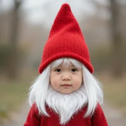 real life gnome girl with white hair and red pointy hat in the style of wool and sakimichan and Ross Tran