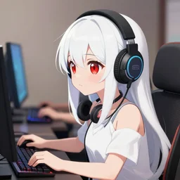 white haired red eyed young cute girl wearing headset playing computer game kyoto animation style