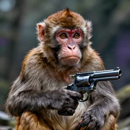 a monkey with a revolver in his hands, real life photo, 4 k, cyberpunk