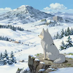 cute and adorable wolf contemplating the valley from the cliff of a mountain by makoto shinkai, snow, winter, studio ghibli, hayao miyazaki, takashi takeuchi, akihiko yoshida, funimation, key anime visual, anime poster, 8 k, highly detailed, rendered, concept art, wide angle, trending on artstation, pixiv daily ranking